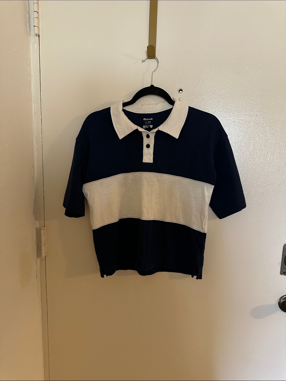 Madewell Navy/White Striped Short Sleeve Button Collared Polo Shirt XXS